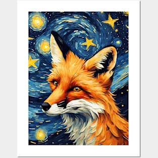 Adorable Fox Animal Painting in a Van Gogh Starry Night Art Style Posters and Art